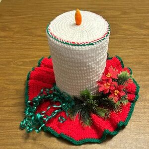 Vintage Early 1980s Christmas Crocheted Large candle centerpiece poinsettia bell